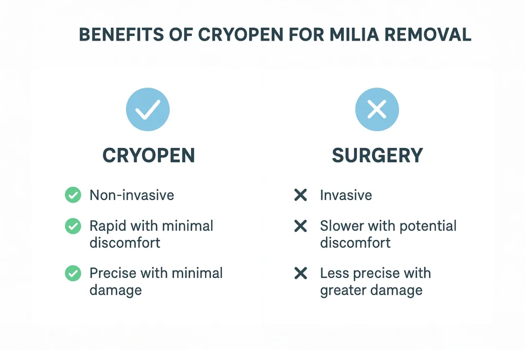 Benefits of cryopen for milia removal Orpington compared to surgical treatments.